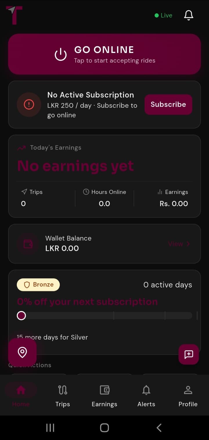 TruRout driver app — earnings dashboard