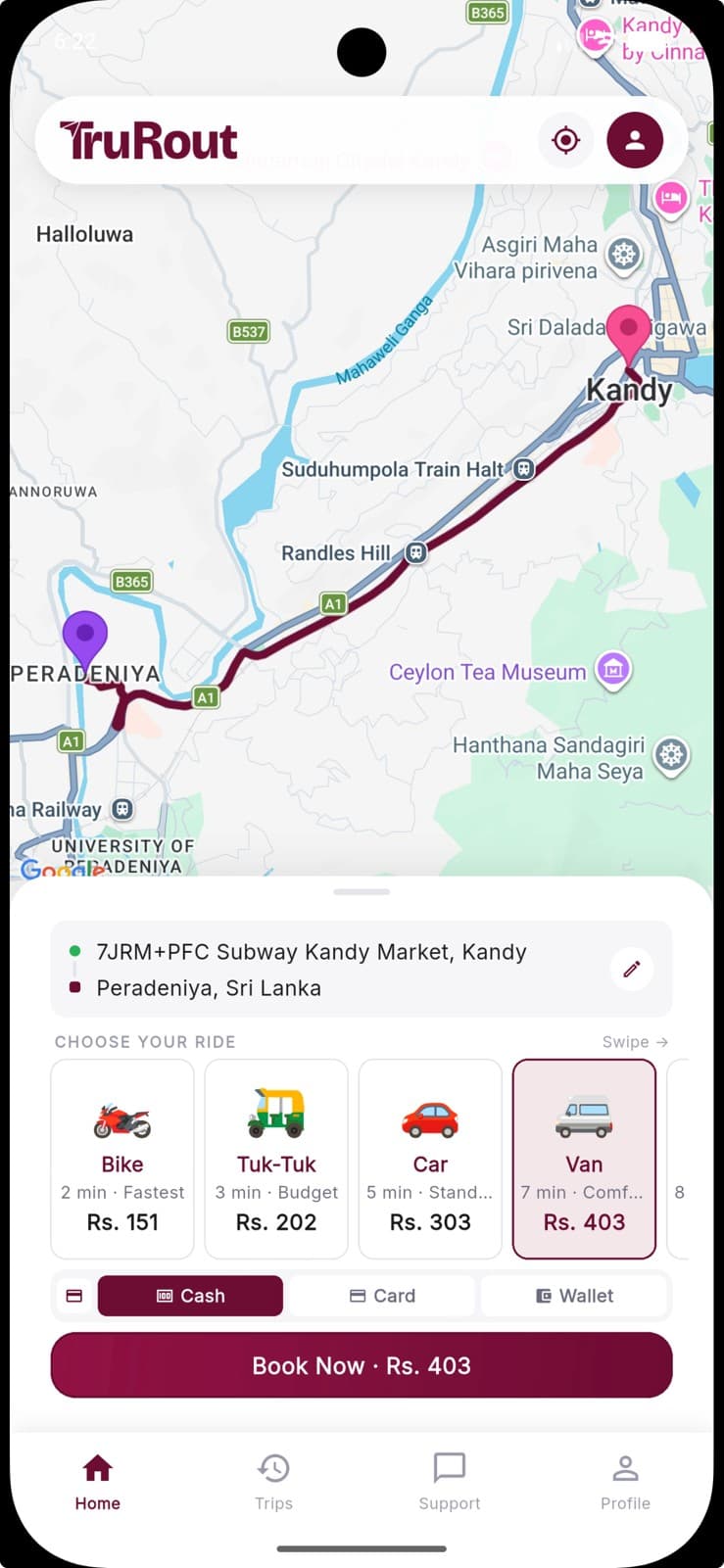 TruRout rider app — live map and booking